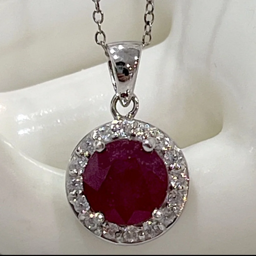 Niassa Ruby White Zircon Sterling Silver Halo Pendant Necklace - Picture 1 of 14